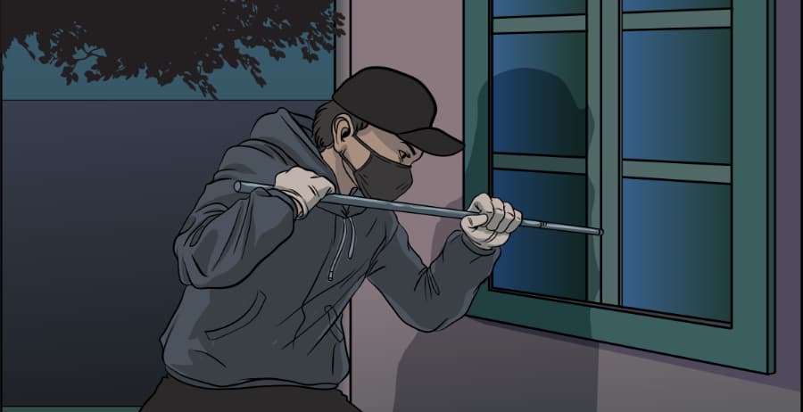 Illustration of burglar forcing entry through a window in Charlottesville